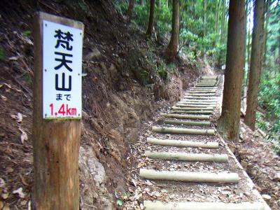 梵天山まで1.4km。沢筋のなだらかな道が続いている
