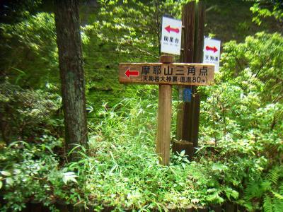 山頂手前で舗装道路にでて一旦左側へ行くと摩耶山三角点への道標がある