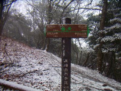 雪が降ってきた。音羽山山頂まで0.5km。ここからの道はなだらかだが、雪が顔に当たって痛い