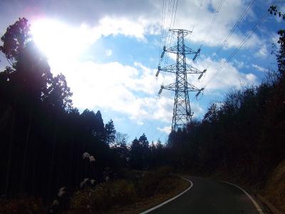 金毘羅山の登山道入口に戻り林道を空谷橋のほうへ進む。振り返ると鉄塔(大黒部幹線705)が見える