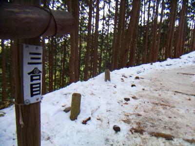 三合目。ここもまだ階段の途中といった感じ。合目のプレートを見つけるのに注意深く登っていく