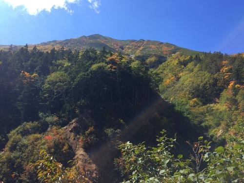 最終水場あたりから見えていた常念岳。昨日はガスガスだった。実はこの後見えてる雲に覆われてまたガスガスになっていた