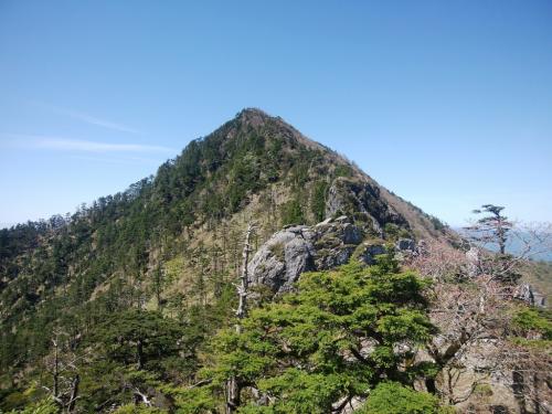 後ろを振り返ると釈迦ヶ岳。これを後で登り返すのかと思うと心やられそう