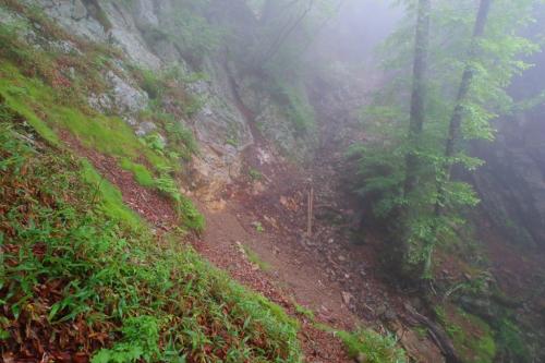 ハシゴの手前のところ、かなり崩落していた。恐る恐るトラバースしていく