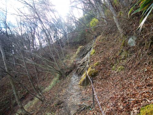 細尾根のトラバース。左側の斜面は落ちたら大けが