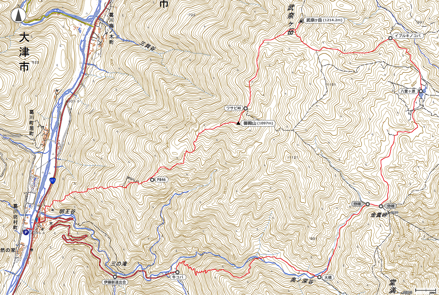 武奈ヶ岳(坊村~牛コバ)地図